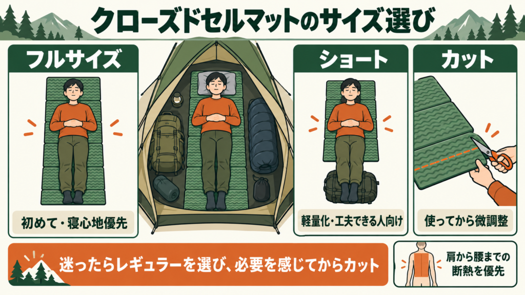 クローズドセルマットのサイズ選び。フルサイズ、ショート、カットの向く人と、肩から腰までの断熱を示す図解