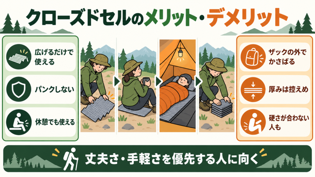 クローズドセルマットのメリットとデメリット。広げるだけで使えてパンクせず休憩にも使える一方、かさばりと硬さには注意が必要な図解