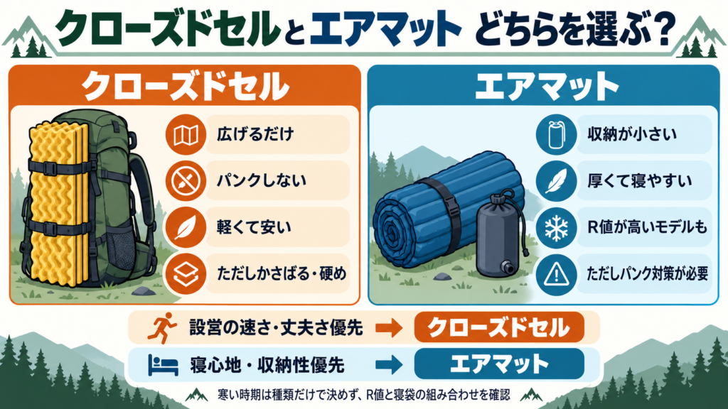 クローズドセルマットとエアマットの違い。設営の速さと丈夫さはクローズドセル、寝心地と収納性はエアマットが向く