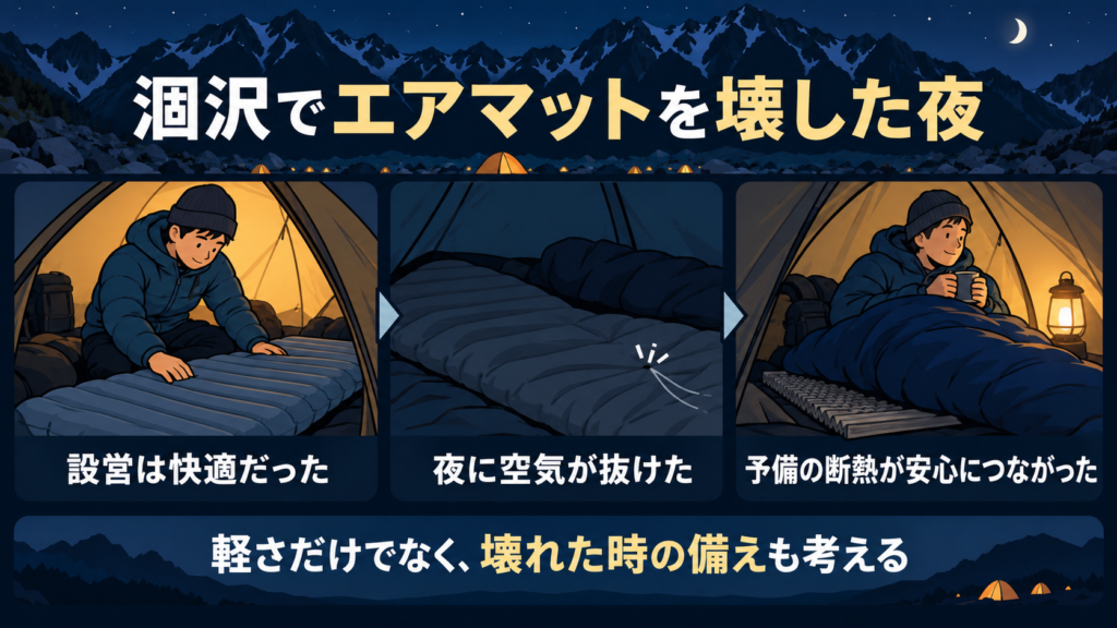 涸沢のテント泊でエアマットの空気が抜けた経験から、軽さだけでなく壊れた時の断熱の備えも考えることを示す図解