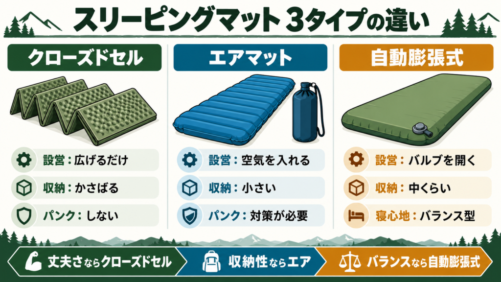 クローズドセル、エアマット、自動膨張式の設営、収納、パンク耐性や寝心地を比較した図解
