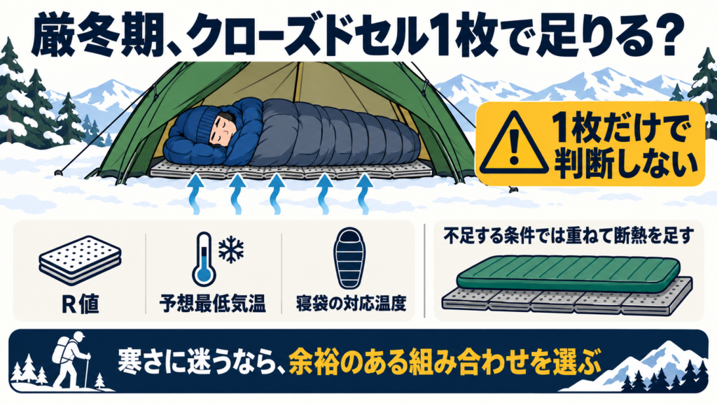 厳冬期のクローズドセルマットは1枚だけで判断せず、R値、予想最低気温、寝袋の対応温度を確認して必要なら重ねて断熱を足す図解